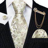 Gold Brooches Silk Handkerchief Striped Men Tie Set
