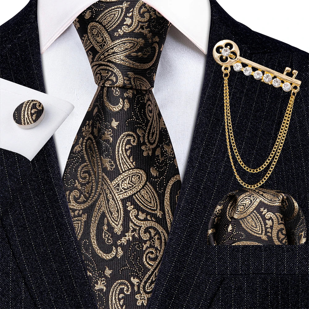 Gold Brooches Silk Handkerchief Striped Men Tie Set