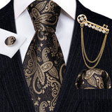 Gold Brooches Silk Handkerchief Striped Men Tie Set