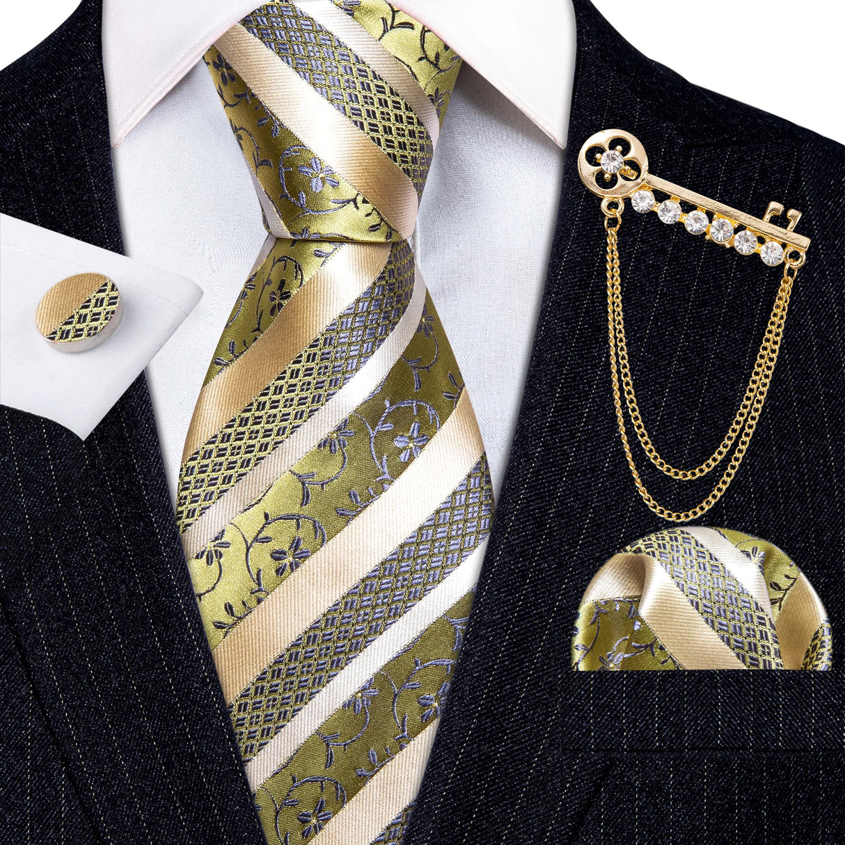 Gold Brooches Silk Handkerchief Striped Men Tie Set