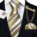 Gold Brooches Silk Handkerchief Striped Men Tie Set