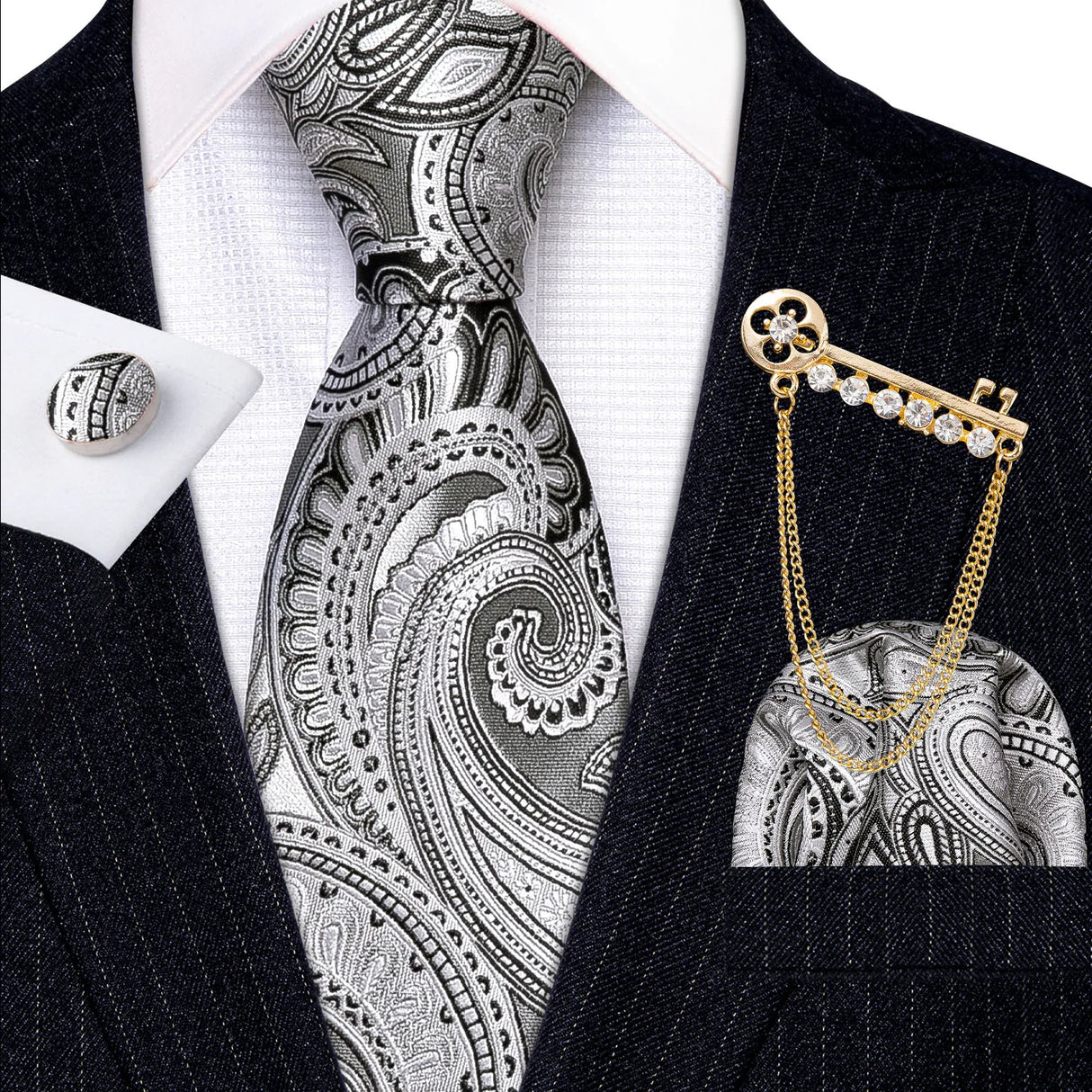 Gold Brooches Silk Handkerchief Striped Men Tie Set