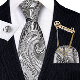 Gold Brooches Silk Handkerchief Striped Men Tie Set