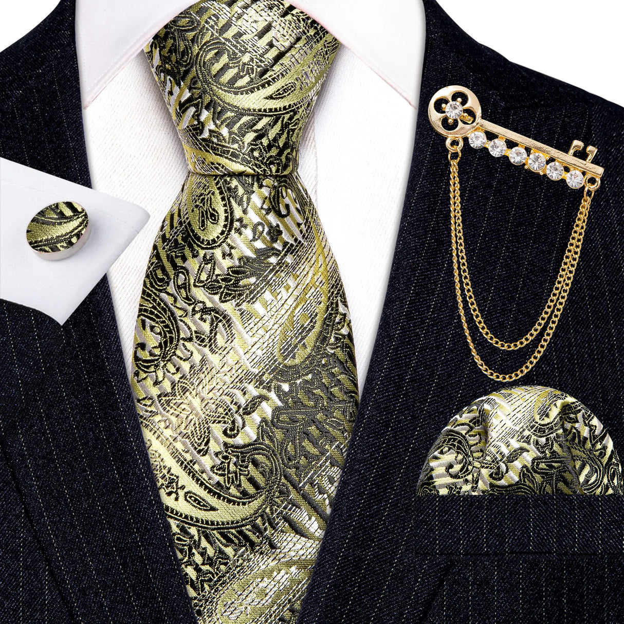 Gold Brooches Silk Handkerchief Striped Men Tie Set