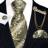 Gold Brooches Silk Handkerchief Striped Men Tie Set