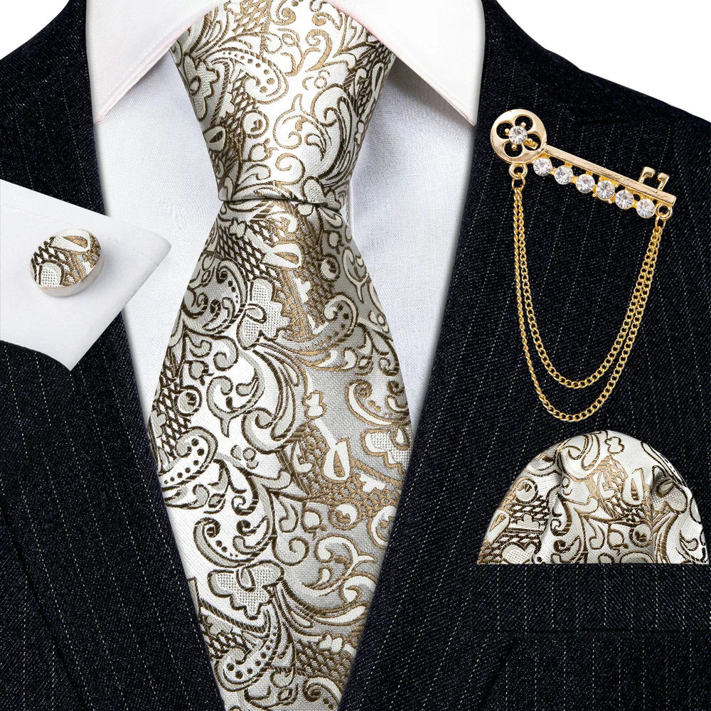 Gold Brooches Silk Handkerchief Striped Men Tie Set