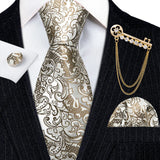 Gold Brooches Silk Handkerchief Striped Men Tie Set