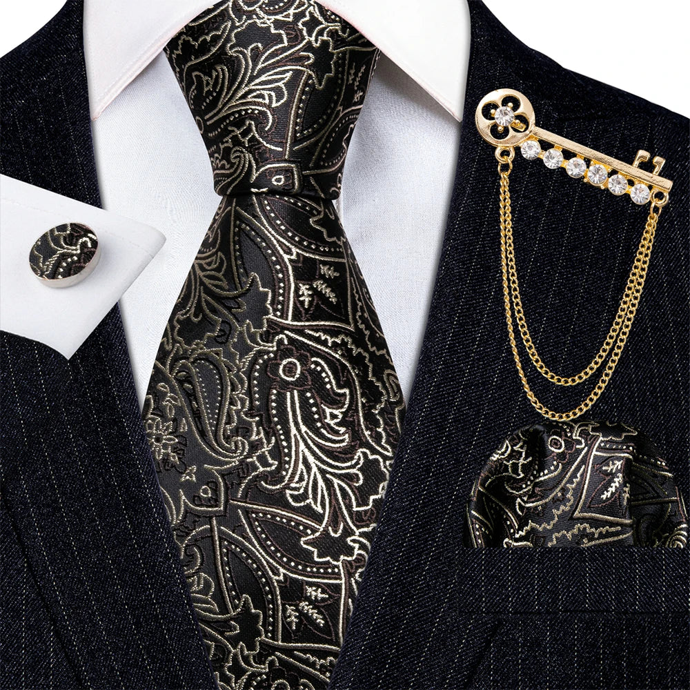 Gold Brooches Silk Handkerchief Striped Men Tie Set