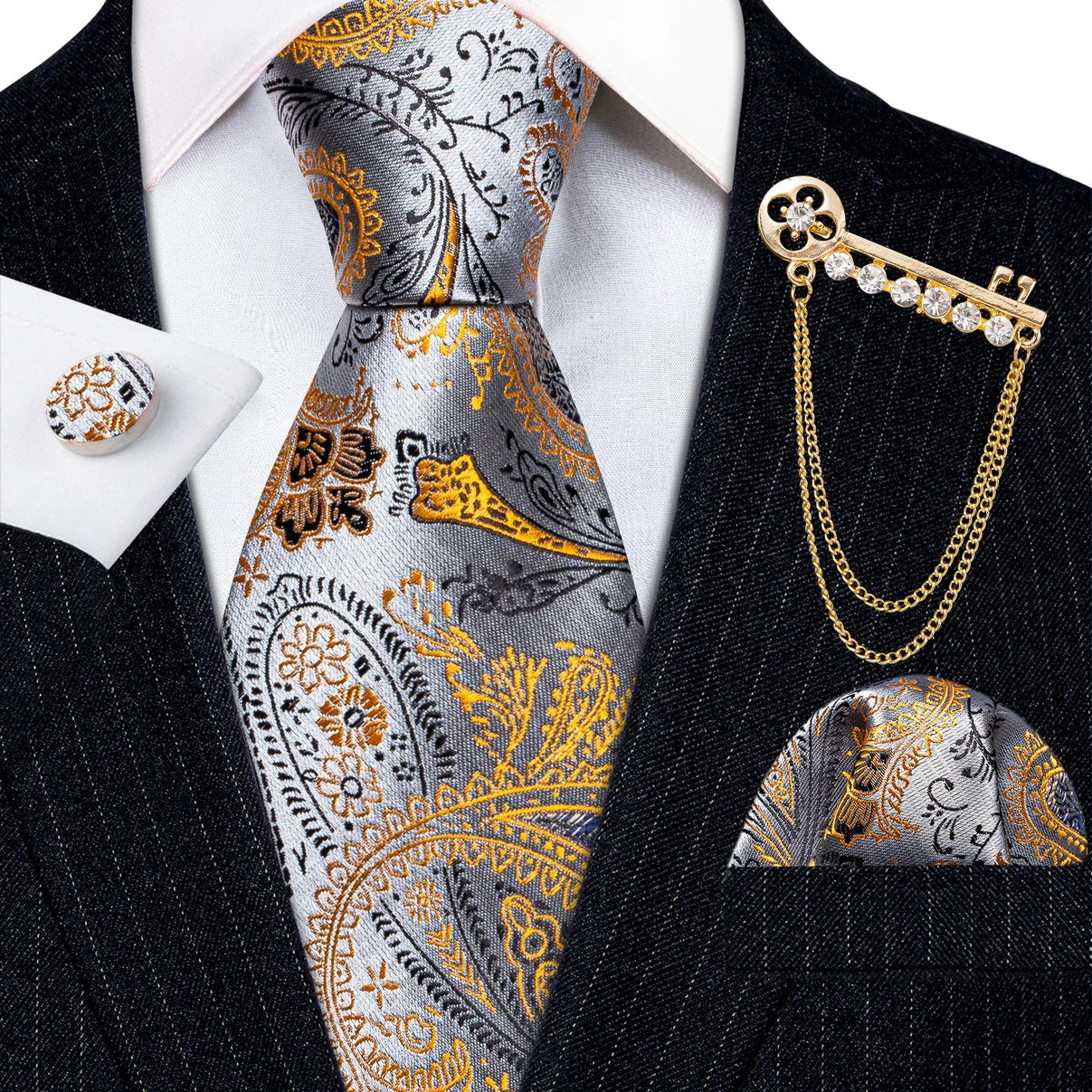 Gold Brooches Silk Handkerchief Striped Men Tie Set