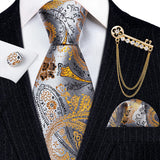 Gold Brooches Silk Handkerchief Striped Men Tie Set