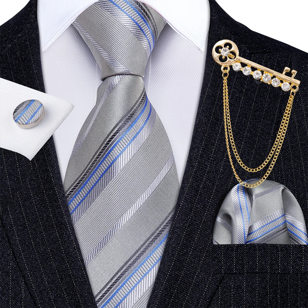 Gold Brooches Silk Handkerchief Striped Men Tie Set