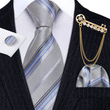 Gold Brooches Silk Handkerchief Striped Men Tie Set