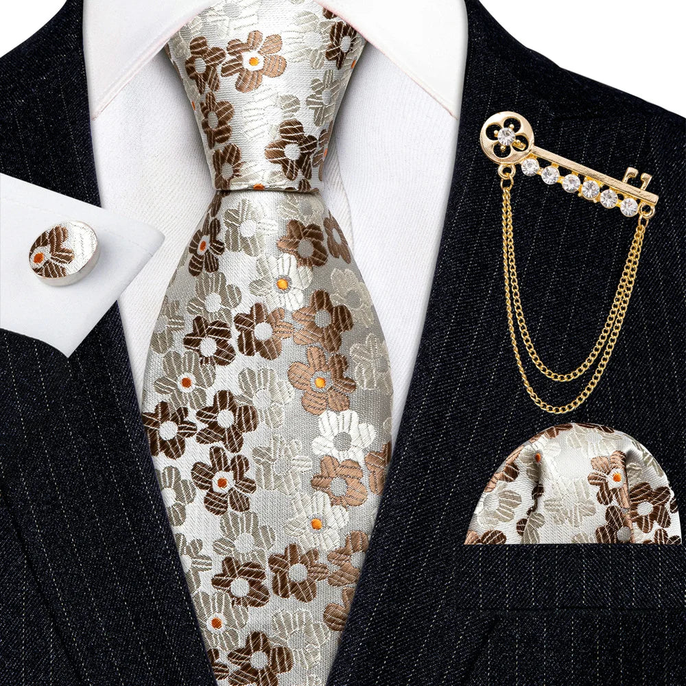 Gold Brooches Silk Handkerchief Striped Men Tie Set