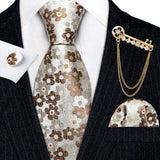 Gold Brooches Silk Handkerchief Striped Men Tie Set