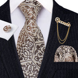 Gold Brooches Silk Handkerchief Striped Men Tie Set