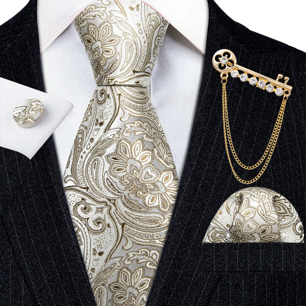 Gold Brooches Silk Handkerchief Striped Men Tie Set