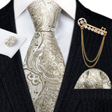 Gold Brooches Silk Handkerchief Striped Men Tie Set