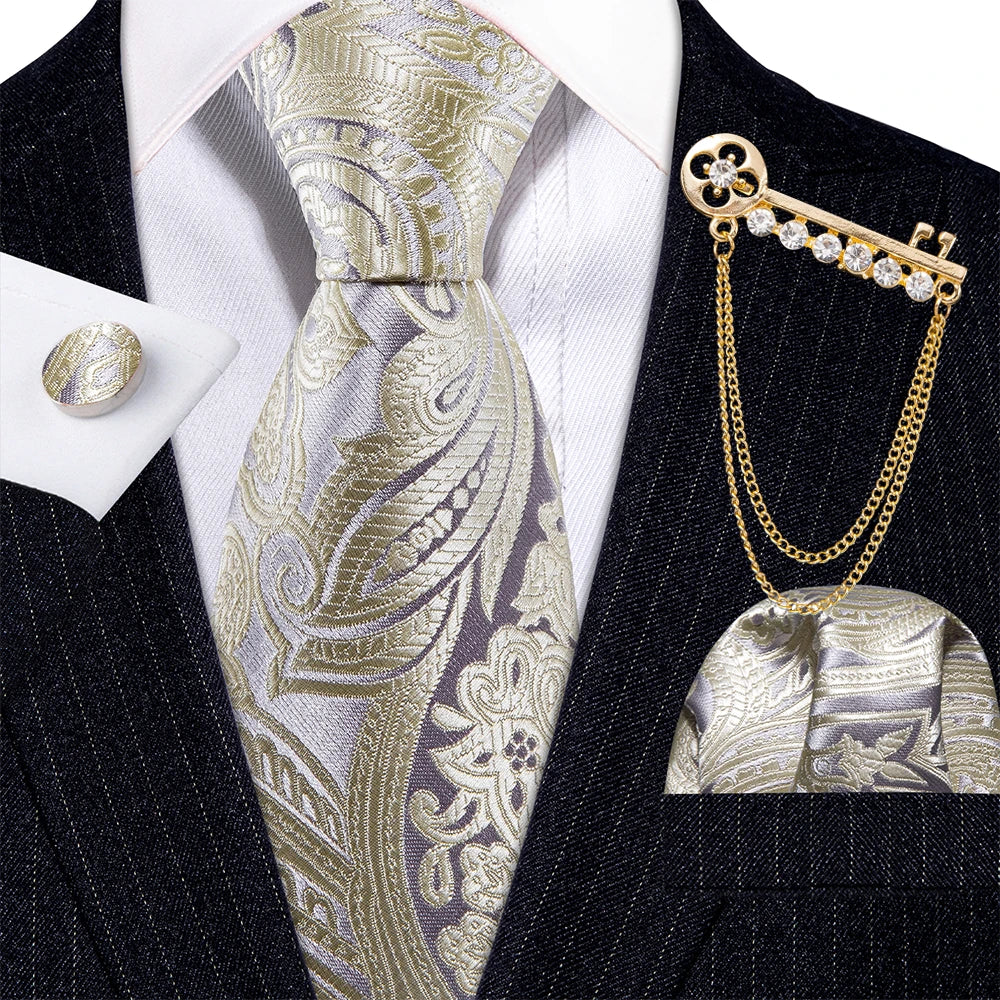 Gold Brooches Silk Handkerchief Striped Men Tie Set
