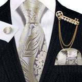 Gold Brooches Silk Handkerchief Striped Men Tie Set
