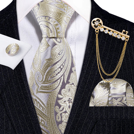 Gold Brooches Silk Handkerchief Striped Men Tie Set