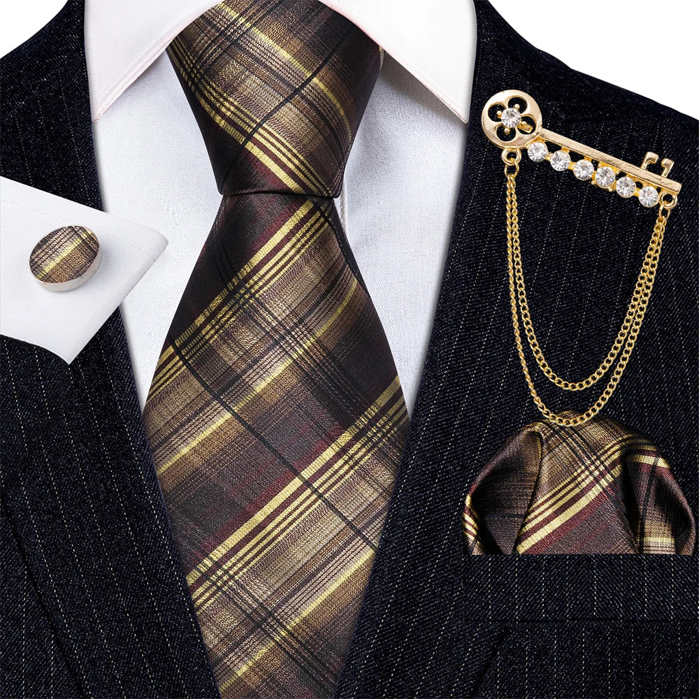 Gold Brooches Silk Handkerchief Striped Men Tie Set