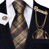 Gold Brooches Silk Handkerchief Striped Men Tie Set