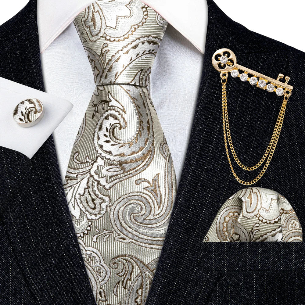 Gold Brooches Silk Handkerchief Striped Men Tie Set