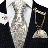 Gold Brooches Silk Handkerchief Striped Men Tie Set