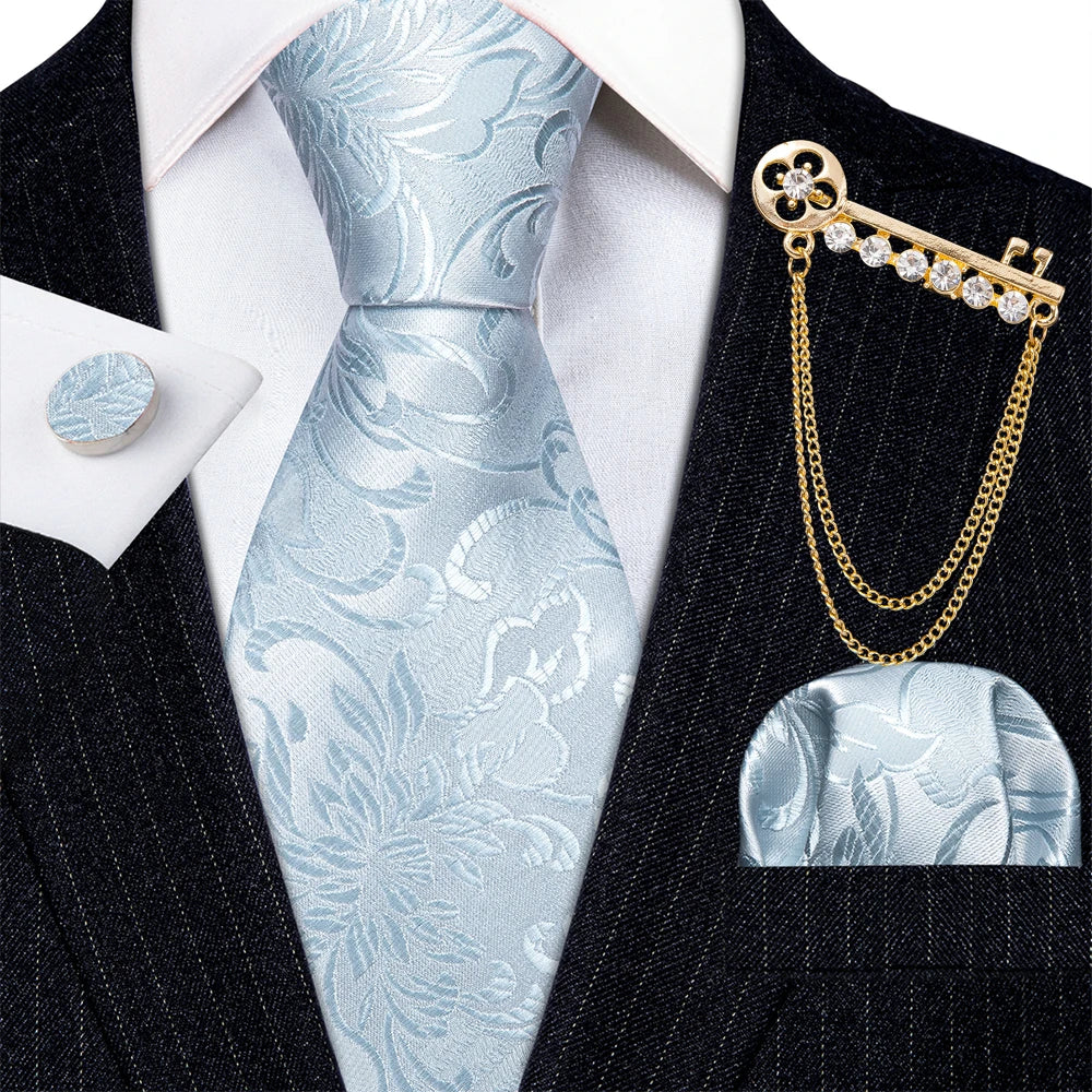 Gold Brooches Silk Handkerchief Striped Men Tie Set