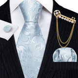 Gold Brooches Silk Handkerchief Striped Men Tie Set