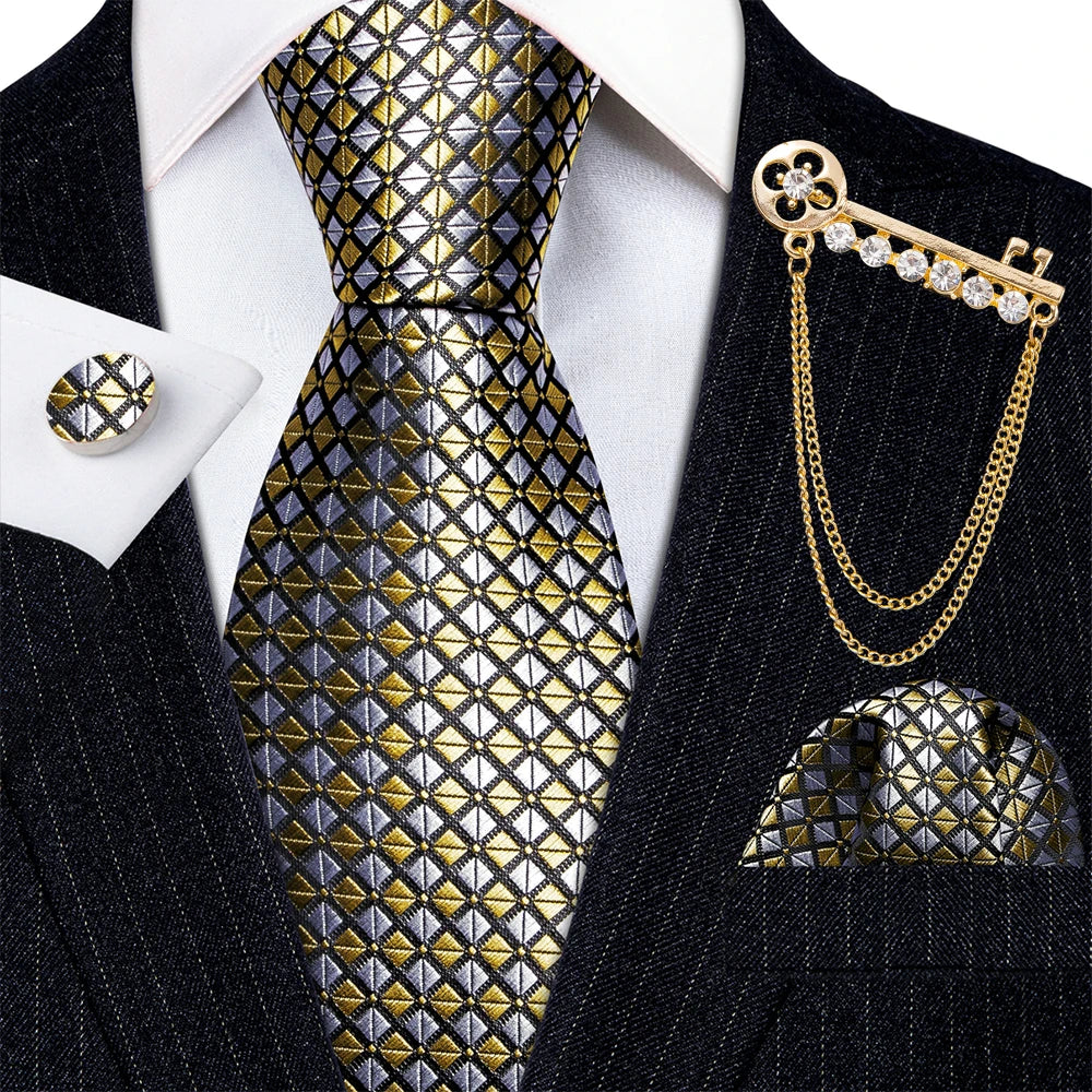 Gold Brooches Silk Handkerchief Striped Men Tie Set