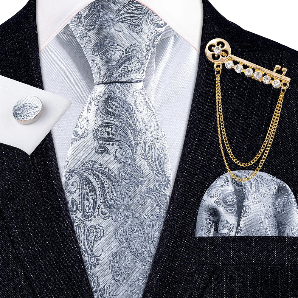 Gold Brooches Silk Handkerchief Striped Men Tie Set