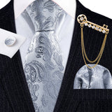 Gold Brooches Silk Handkerchief Striped Men Tie Set