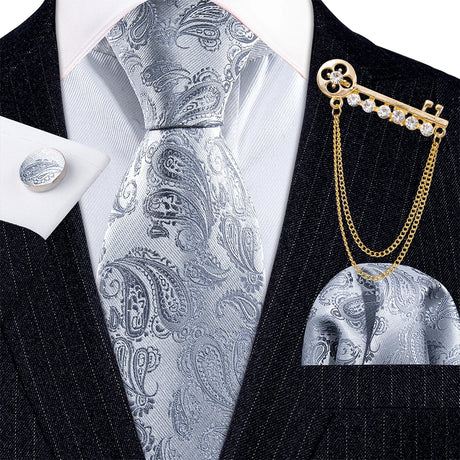 Gold Brooches Silk Handkerchief Striped Men Tie Set