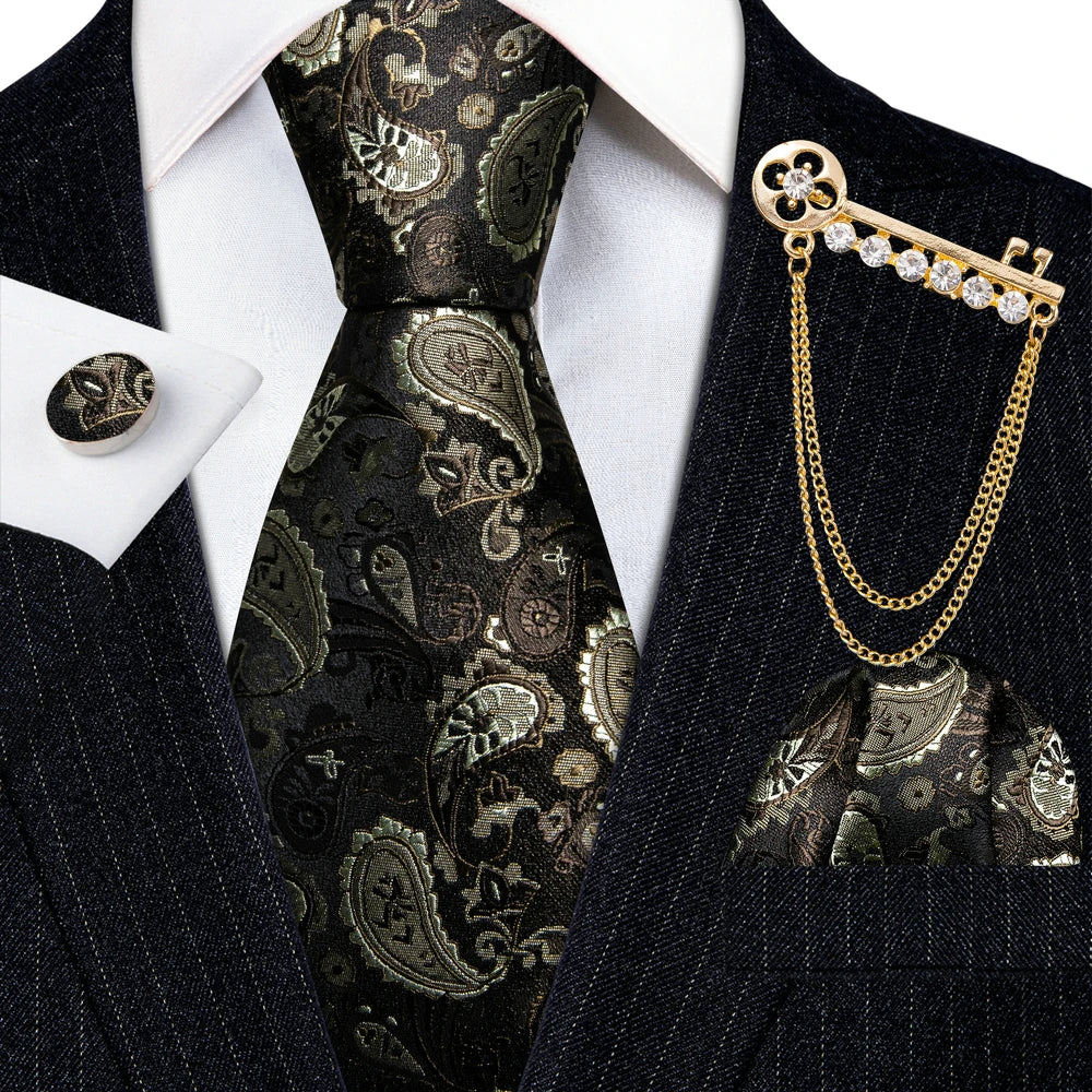 Gold Brooches Silk Handkerchief Striped Men Tie Set