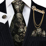 Gold Brooches Silk Handkerchief Striped Men Tie Set