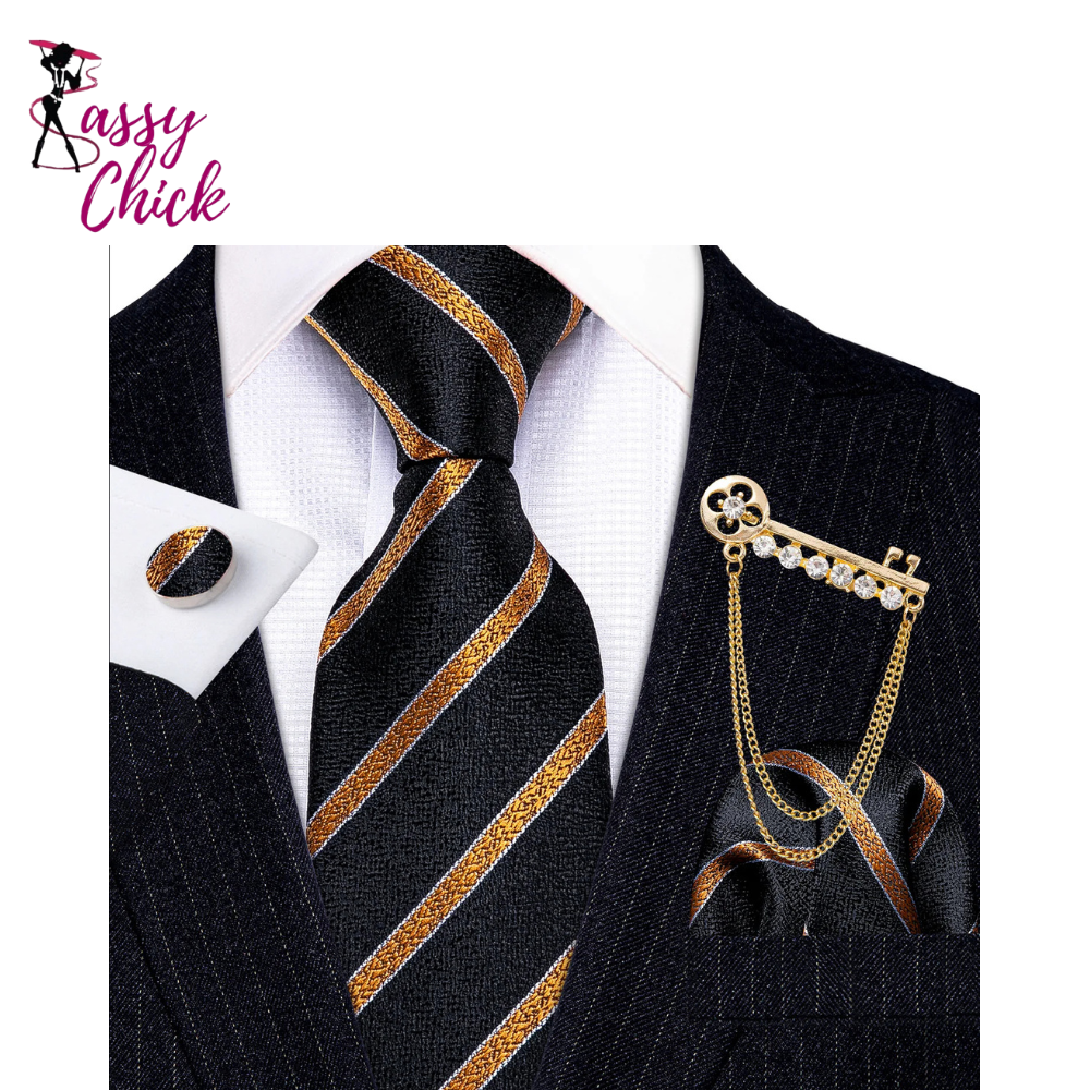 Gold Brooches Silk Handkerchief Striped Men Tie Set Sassy Chick Logo
