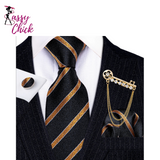Gold Brooches Silk Handkerchief Striped Men Tie Set Sassy Chick Logo