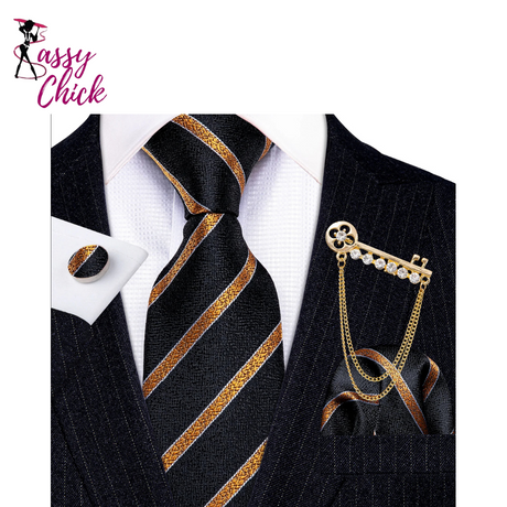 Gold Brooches Silk Handkerchief Striped Men Tie Set Sassy Chick Logo