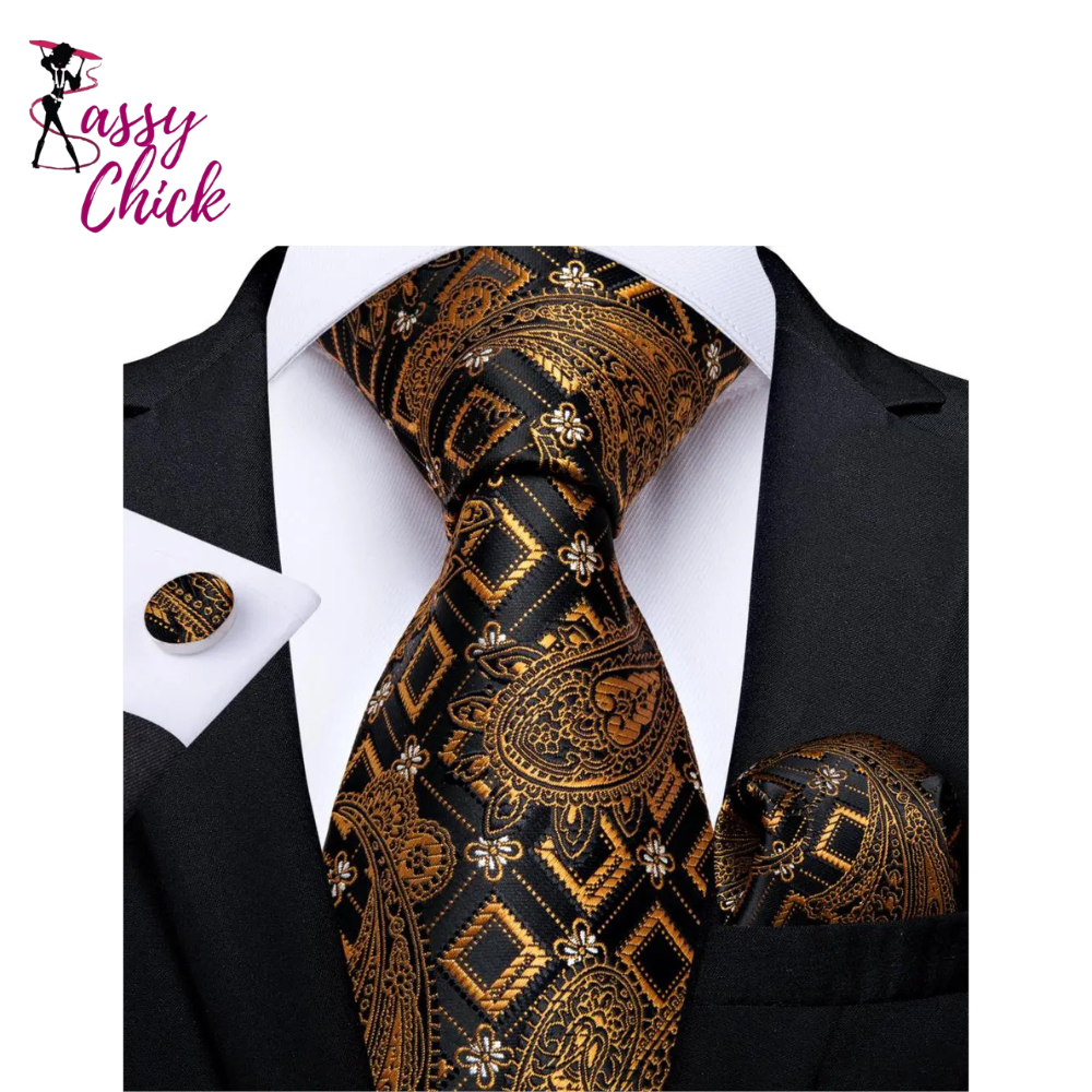 Gold Paisley Hanky Cufflinks Silk Tie Sassy Chick Logo