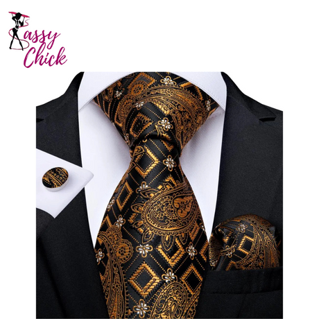 Gold Paisley Hanky Cufflinks Silk Tie Sassy Chick Logo
