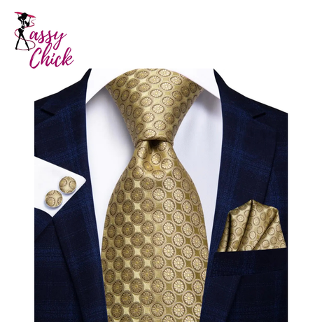 Gold Solid Silk Hanky Cufflink Men Necktie Sassy Chick Logo