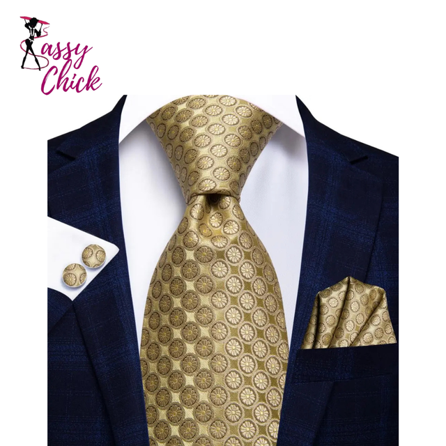 Gold Solid Silk Hanky Cufflink Men Necktie Sassy Chick Logo