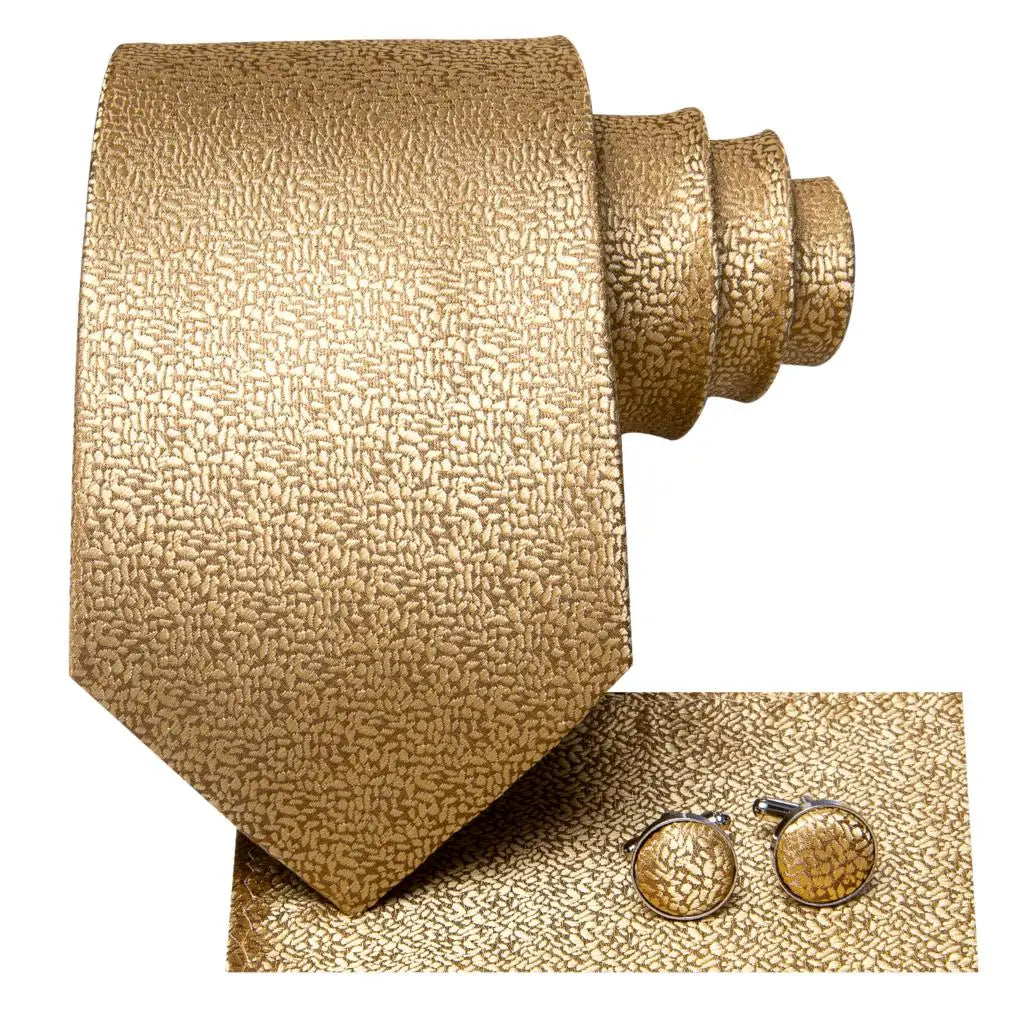 Gold Solid Silk Hanky Cufflink Men Necktie