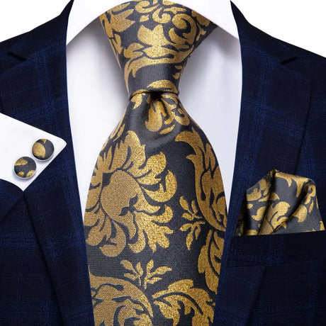 Gold Solid Silk Hanky Cufflink Men Necktie