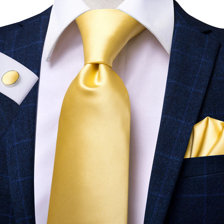 Gold Solid Silk Hanky Cufflink Men Necktie
