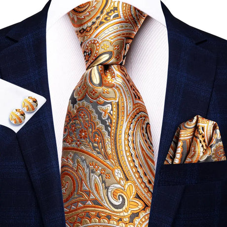 Gold Solid Silk Hanky Cufflink Men Necktie