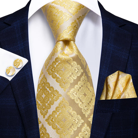Gold Solid Silk Hanky Cufflink Men Necktie