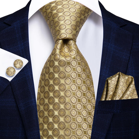 Gold Solid Silk Hanky Cufflink Men Necktie