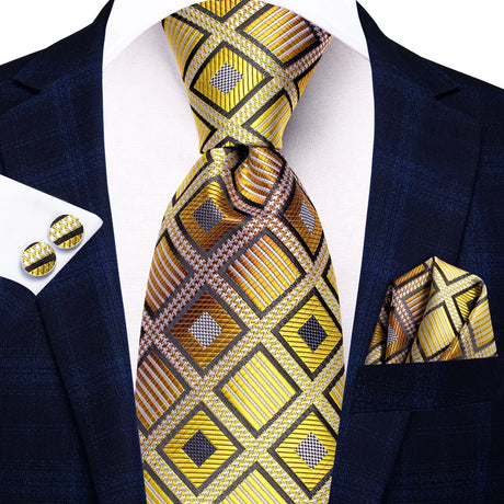 Gold Solid Silk Hanky Cufflink Men Necktie